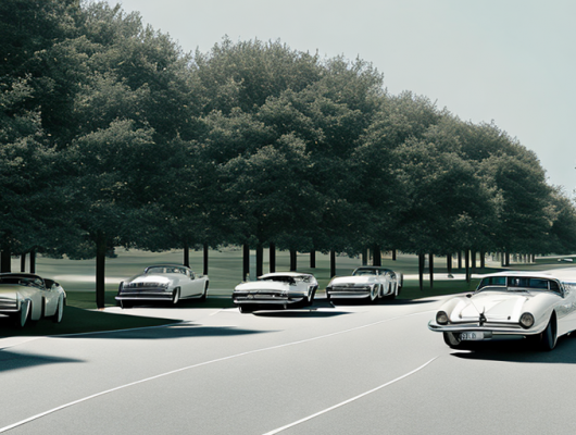 Klassische Autos auf sonnenbeschienener Allee, zeitlose Eleganz und nostalgischer Charme.
