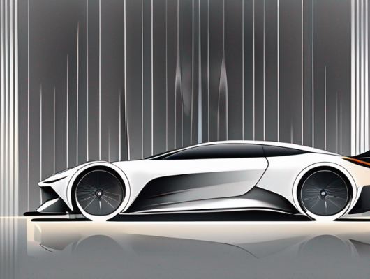 A sleek car with various carbon fiber accents such as a spoiler