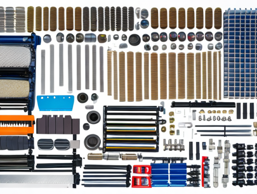 Autoersatzteile wie Bremsbelaege, Filter und Zuendkerzen in gut organisiertem Werkstatt-Hintergrund.