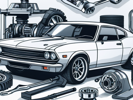 Hochleistungs-Autoteile und Werkzeuge fuer Motoren und fortschrittliche Autotechnologie, praesentiert in einer systematischen Anordnung fuer Auto-Tuning.