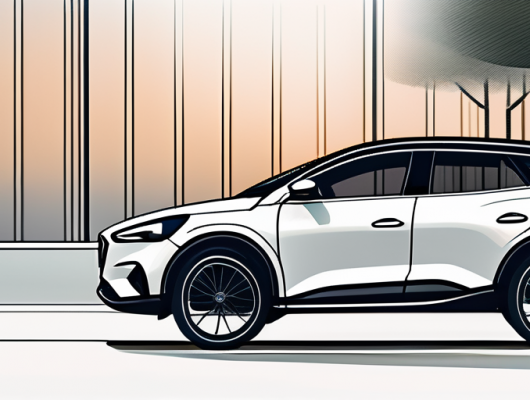 Moderner Wagen mit Fahrradtraeger hinten, geparkt in ruhiger Natur, vereint Nutzen und Abenteuer fuer Radfahrer, mit Fokus auf Funktionalitaet und Stil.