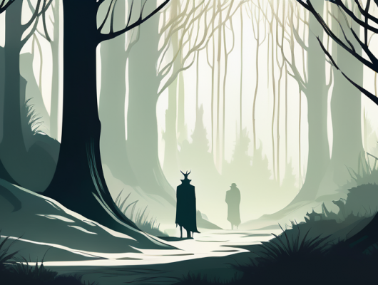 Schattenhafter, mystischer Wald, dezent beleuchtet, vermutlicher Aufenthaltsort legendärer Gestalten wie Erlkoenige, voller Anziehung und Geheimnis.