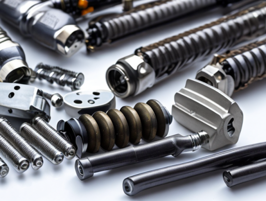 Nahaufnahme von Autoteilen wie Bremsbelaegen, Zuendkerzen und Filtern auf weisser Flaeche.