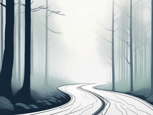 Stimmungsvolle, neblige Strasse durch einen Wald am fruehen Morgen, ideal fuer Strategien zum Verfolgen von Prototyp-Fahrzeugen.