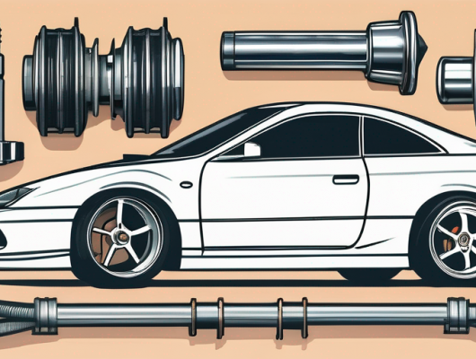 Hochleistungs-Autoteile wie Motorkomponenten, Fahrwerksysteme und Auspuffteile fuer Auto-Tuning zur Leistungssteigerung sorgfaeltig angeordnet.