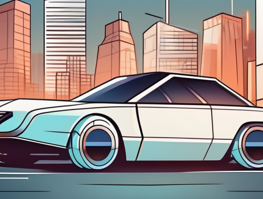 A futuristic car with a prominent 3d license plate