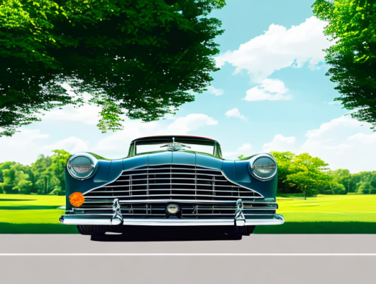 Klassisches Auto in malerischer Landschaft mit historischer Nummernschild und sonnigem Tag.