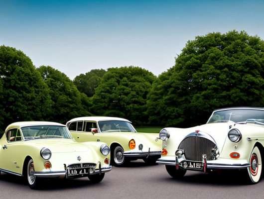 Klassische Vintage-Autos, restauriert und glaenzend unter Sonnenlicht, vor gruenem Hintergrund.