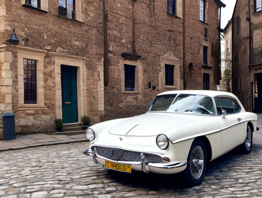 Klassischer Oldtimer auf Kopfsteinpflaster vor historischer Architektur.
