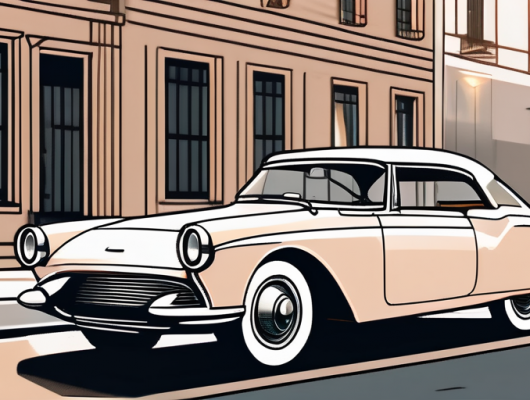 Alt-Tag: Vintage-Auto geparkt unter Strassenlaternen mit sanftem Leuchten, betont durch geschliffene Linien und poliertes Finish auf Kopfsteinpflaster, das den zeitlosen Reiz des Autos hervorhebt.