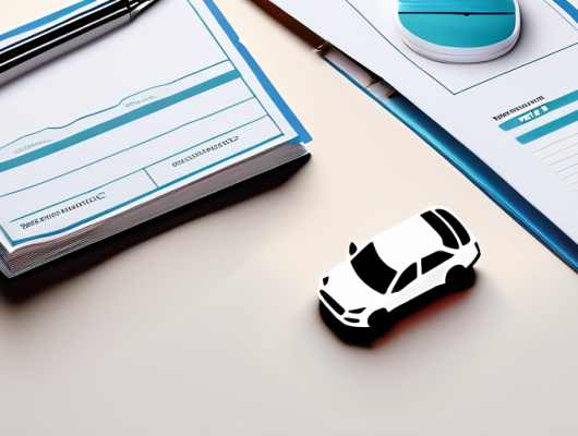 Autoversicherungspolicen mit Taschenrechner, Stift und kleinen Automodellen zur Hervorhebung des Entscheidungsprozesses bei der Wahl der richtigen Kfz-Versicherung.