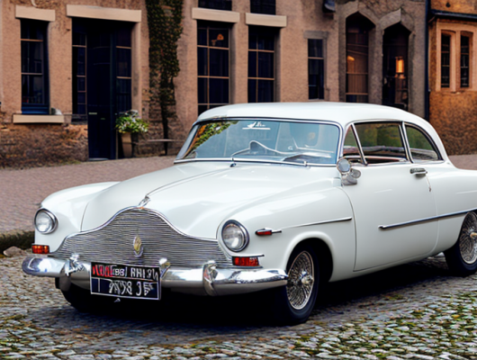 Klassischer Oldtimer auf Kopfsteinpflaster mit historischen deutschen Kennzeichen unter weichem Licht.