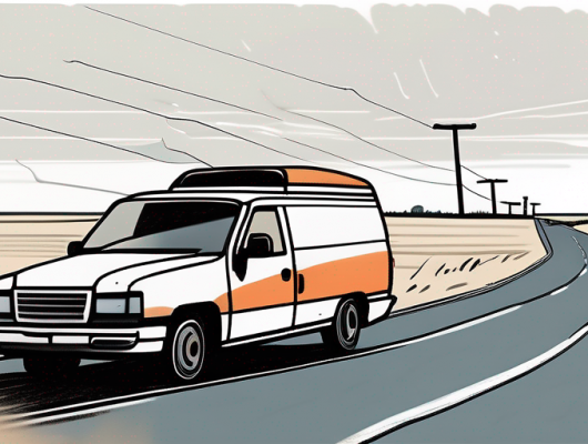 Defektes Auto auf verlassener Strasse mit nahendem Pannenhilfe-Service Van an einem bewoelkten Tag, betont die Notwendigkeit schneller Hilfe.