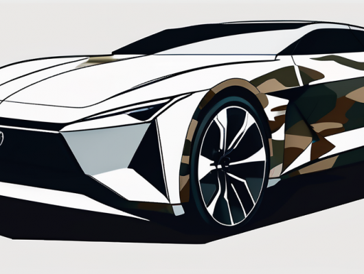 Prototyp-Auto mit Tarnung zeigt dynamische Linien und innovatives Design vor geheimnisvollem, dunklem Hintergrund.