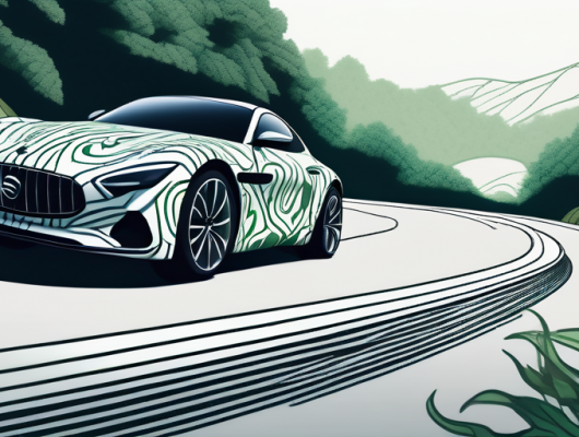 Getarntes Prototyp-Auto mit Wirbelmustern auf Testfahrt an einer kurvigen, abgelegenen Strasse umgeben von gruener Vegetation, betont die Geheimhaltung in der Automobilentwicklung.