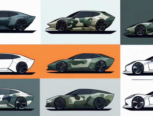 Nahaufnahme verschiedener Abschnitte von prototypischen Autos mit Tarnabdeckung, die technologische Fortschritte und aerodynamische Eigenschaften hervorheben, wichtig fuer Testfahrzeuge in der Automobilindustrie.