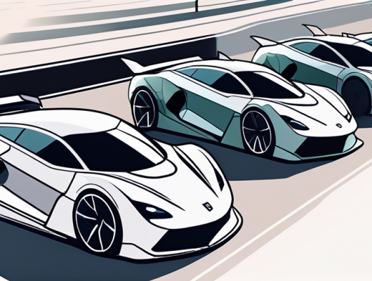 Prototypen von Tarnfahrzeugen auf Teststrecke, umgeben von Ingenieuren, die die Leistung bewerten, ohne spezifische Designs oder Marken zu zeigen.