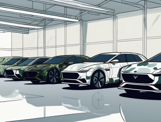 Verschiedene Fahrzeuge in Tarnfolie auf einem Testgelaende, die das geheime Wesen von Prototyp-Autos hervorheben.