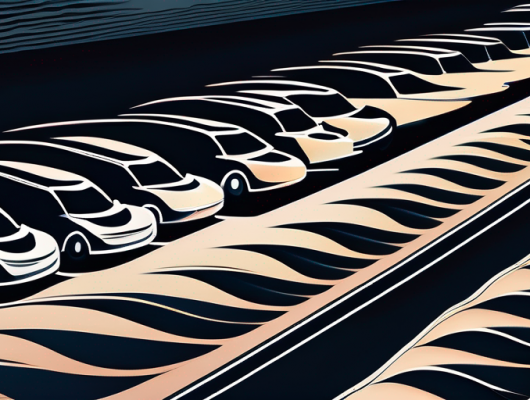 Flotte von leicht getarnten Autos mit charakteristischen Wirbelmustern, aufgereiht unter Strassenlaternen bei Daemmerung, betont das geheimnisvolle Flair von Prototyp-Fahrzeugen.