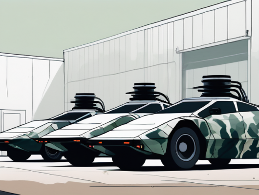 Fahrzeuge in Tarnfolie vor industrieller Kulisse mit Testausruestung betonen den geheimen Charakter von Prototyp-Autotests.