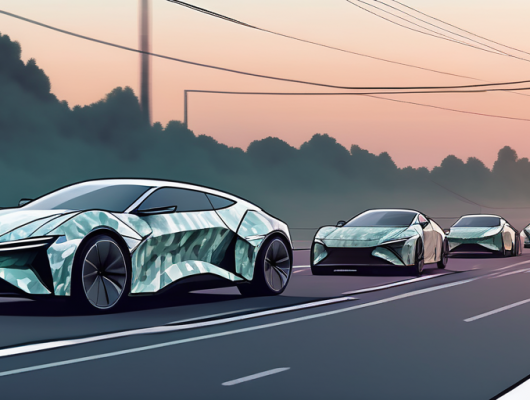 Prototyp-Autos in Tarnung fahren im Konvoi auf oeffentlicher Strasse bei Daemmerung, zeigen fortschrittliche Designs im realen Verkehr.