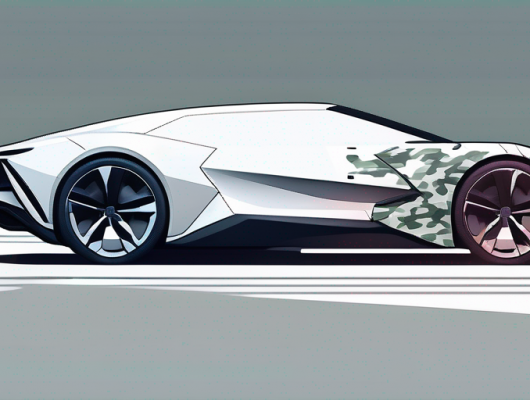 Auto unter Tarnabdeckung zur Verschleierung von Merkmalen in einer Testumgebung, impliziert ein Prototypfahrzeug.