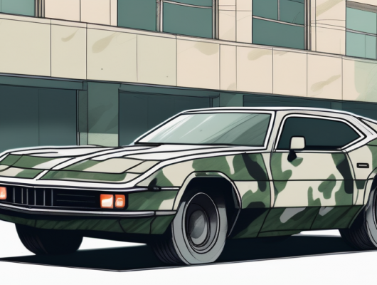 Professionelles Blogpost-Bild zeigt ein einzelnes Auto in Tarnung, das sich perfekt in eine urbane Testumgebung einfuegt und das Entdecken von Prototyp-Fahrzeugen vor Markteinfuehrung zeigt.