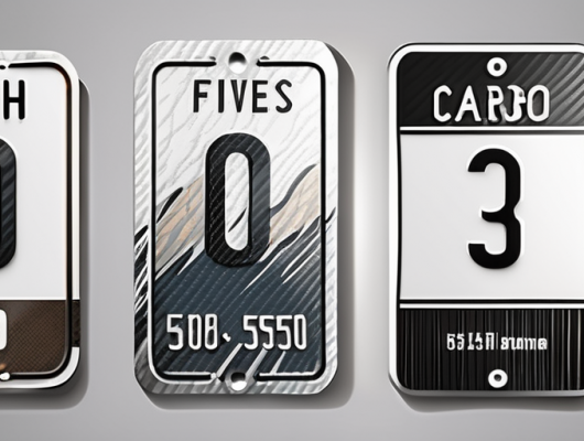 Five different high-quality carbon license plates with various designs and textures