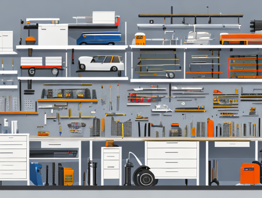 Autoteile auf Werkbank, qualitativ und praezise angeordnet, Werkstatt mit Werkzeugen im Hintergrund