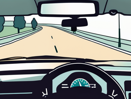 Rueckspiegel eines Autos zeigt offene Strasse, Symbol fuer die Reise neuer Fahrer, mit Autoversicherungsdokumenten auf dem Armaturenbrett fuer Schutz und Vorbereitung.