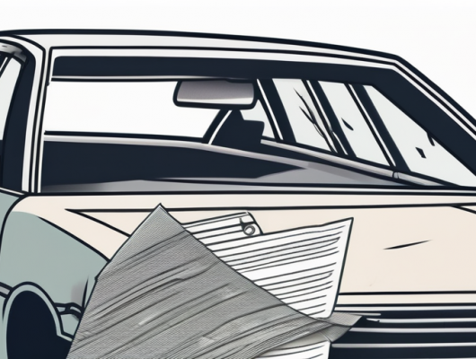 Nahaufnahme eines beschaedigten Autos mit eingedellter Tuer und zerbrochenem Fenster, neben Stift und teilweise sichtbaren Versicherungsanspruchsformularen.