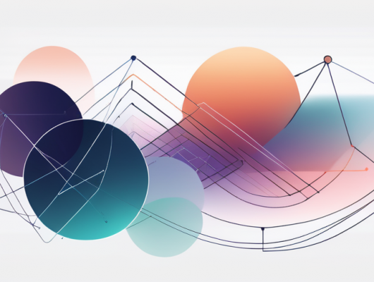 Abstraktes elegantes Design symbolisiert sieben Schluesselphasen zur Identifizierung von Prototypen mit verbundenen geometrischen Formen in Farbverlauf von kuehl zu warm, betont Fortschritt und Einsicht.