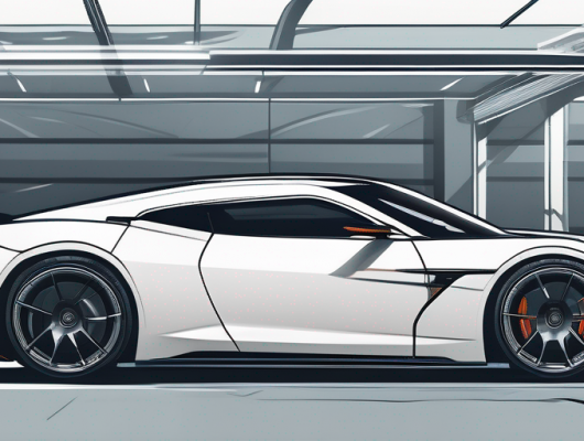 Sportwagen in einer Garage, modernisiert und aerodynamisch optimiert, mit auffaelliger Lackierung und umgeben von Hochleistungs-Autoteilen und Werkzeugen.