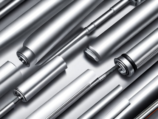 Nahaufnahme hochwertiger Autoteile wie Bremsen und Stossdaempfer auf reflektierender Oberflaeche, praezise Ingenieurskunst und Haltbarkeit.