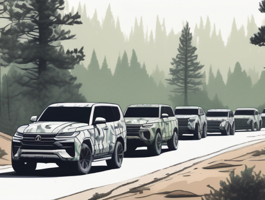 Tarnfahrzeuge beim Testen in abgelegener Naturumgebung, umgeben von Baeumen und Schotterwegen, betonen das Geheimnis neuer Automodelle.