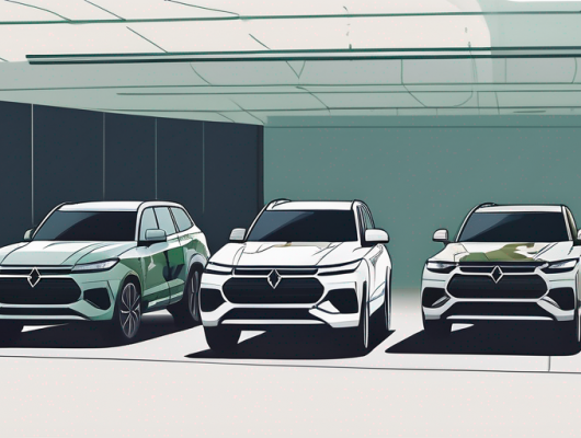 Verschiedene getarnte Fahrzeuge in Testphasen, geparkt in einer sicheren Automobilanlage, exklusiver Einblick in die Entwicklung neuer Automodelle.