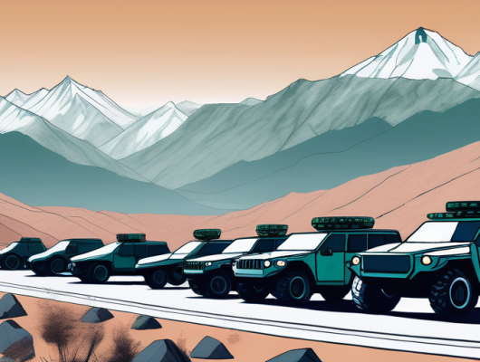 Tarnfahrzeuge bei Leistungstests auf malerischer Strecke mit Hightech-Überwachungsgeraeten vor Bergkulisse