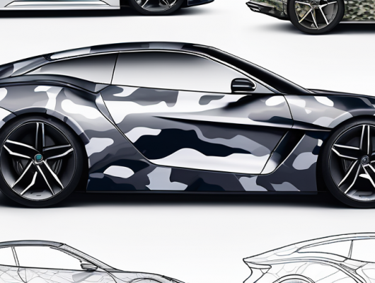 Detailaufnahmen eines Autos in Tarnfolie, typisch fuer Prototypen in Testphasen, mit Mustern, die die Konturen sanft verwischen.