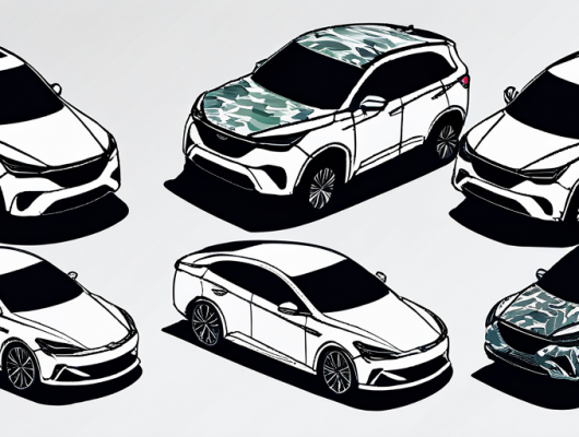 Tarnmuster und Schutzabdeckungen auf Autos in der Automobiltestphase zur Verschleierung neuer Modelle vor der offiziellen Einfuehrung, um Merkmale zu verbergen.