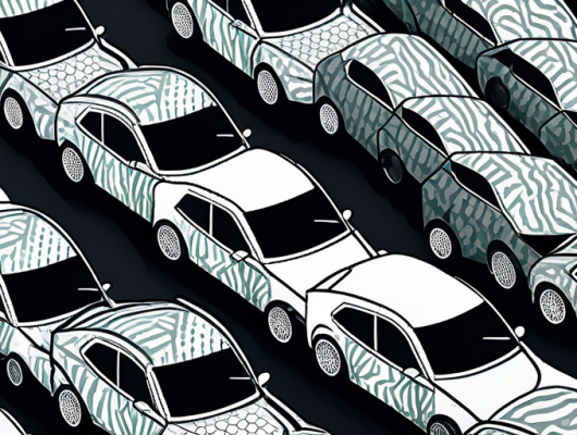 Prototyp-Autos mit Tarnmuster auf Teststrecke, Detailaufnahme zeigt Effektivitaet der Tarnung bei der Verdeckung von Form und Merkmalen im Testphasen.