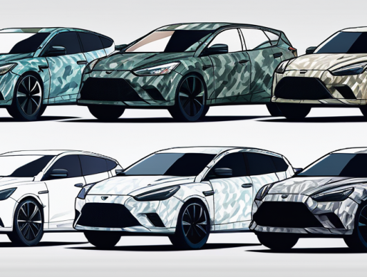 ALT-Tag: Fahrzeuge in verschiedenen Entwicklungsphasen mit Tarnmuster und Materialien zur Verdeckung von Automobildesigns