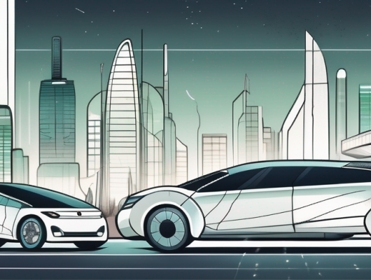 A futuristic cityscape with various types of eco-friendly vehicles