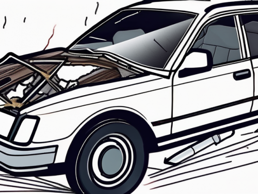 Beschaedigtes Auto nach einem Unfall mit Versicherungspolicen und Stift, betont die Bedeutung der Haftpflichtversicherung.