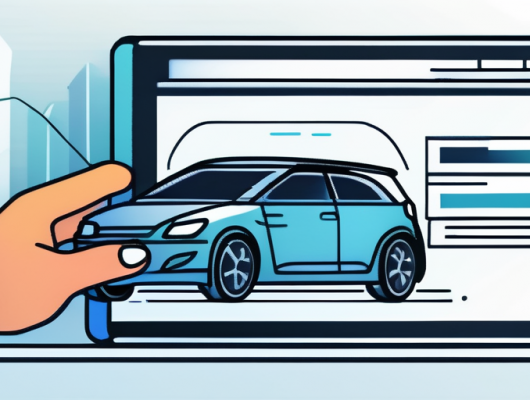 Person bearbeitet Kfz-Versicherungsantrag online auf Tablet mit Symbolen fuer Auto und Versicherungspapiere im Hintergrund