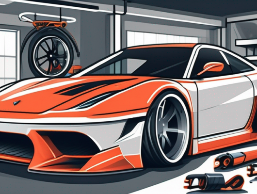 A high-performance car with various tuning components like a large rear spoiler