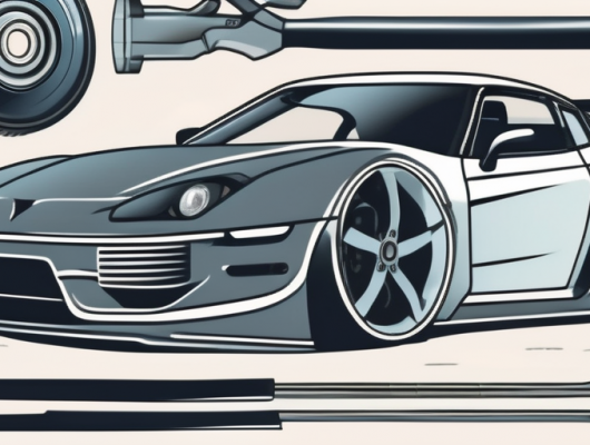 A high-performance car with open hood showcasing various tuning parts