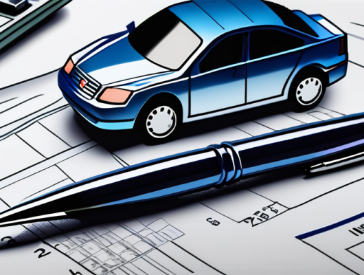 Auto-Versicherungsdokumente, Stift und Taschenrechner auf Tisch, verschwommenes Auto im Hintergrund, Symbol fuer Abschluss der Kfz-Versicherung.