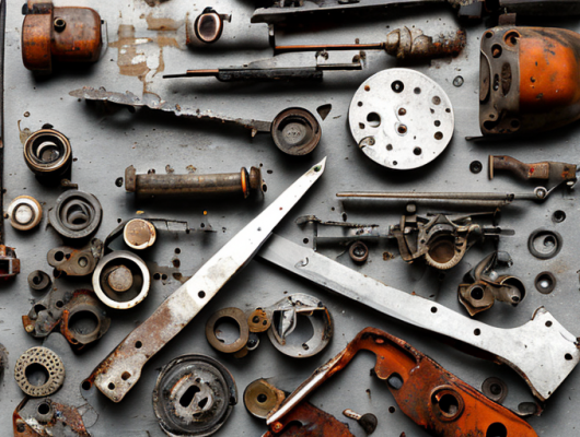 Verrostete, abgenutzte Autoteile auf Werkbank mit Werkzeugen.