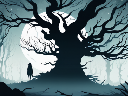 Das Bild zeigt die geheimnisvolle Atmosphaere der "Welt der Erlkoenige" mit Silhouetten alter, verdrehter Baeume unter einem sternklaren Himmel, umgeben von sanftem Nebel auf dem Waldboden.