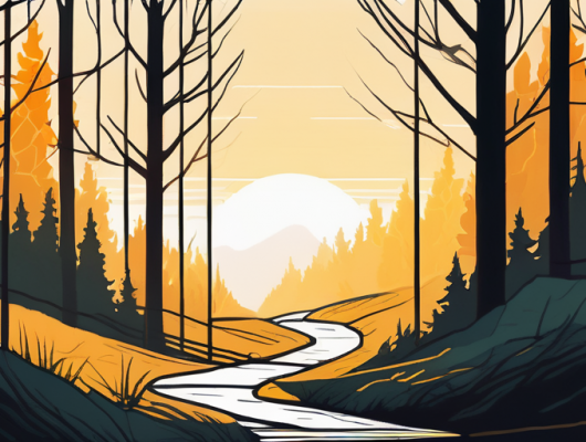 Serener Waldweg im goldenen Sonnenuntergangslicht, ideal fuer geheimnisvolle Automobiltests und Prototypenerkundung.